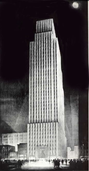 Hugh Ferriss' 1930 drawing of the New York Daily News building.