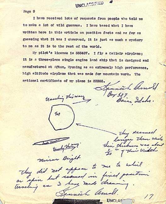 "They did not appear to me to whirl or spin but seemed in fixed position traveling as I have made drawing." From Arnold's account of his UFO sighting. 