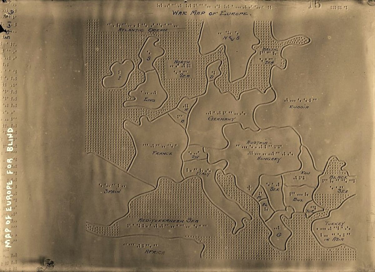 A tactile map of Europe, made with embossing.