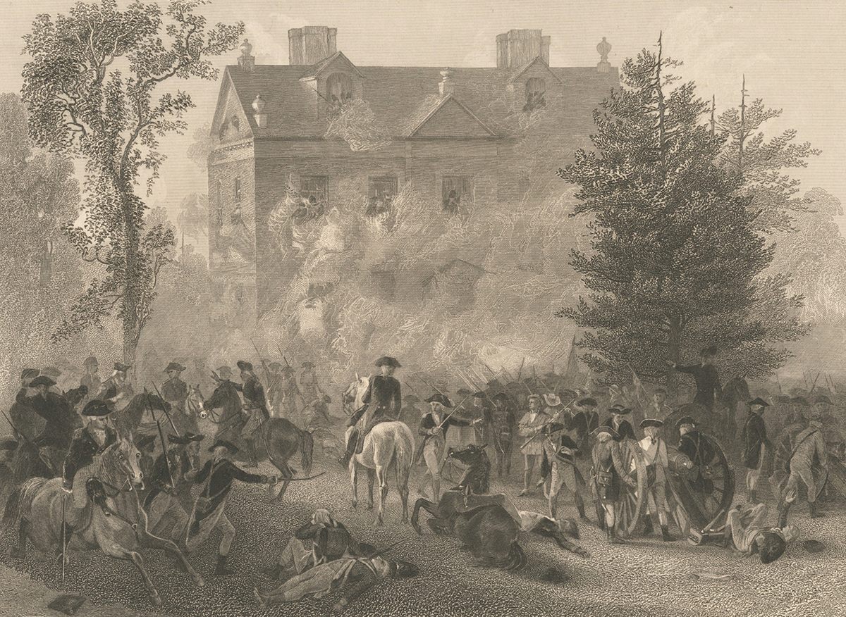 An 1860 engraving of the Battle of Germantown by Robert Hinshelwood, depicting an attack on the house of Judge Benjamin Chew.