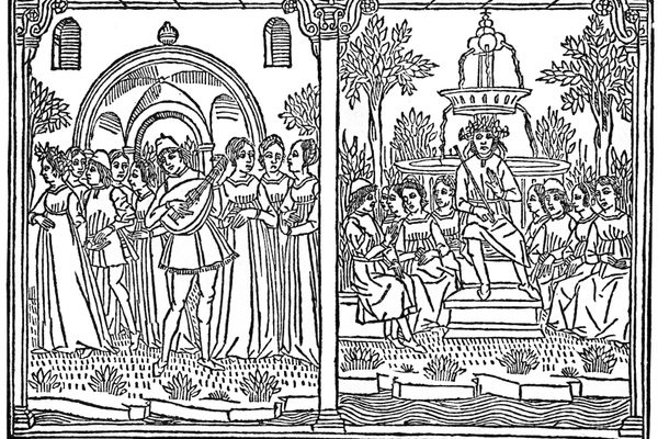 These woodcuts are from the Decameron, a collection of novellas in which young people fleeing plague-ridden Florence tell stories that often provide accounts of life during the pandemic.