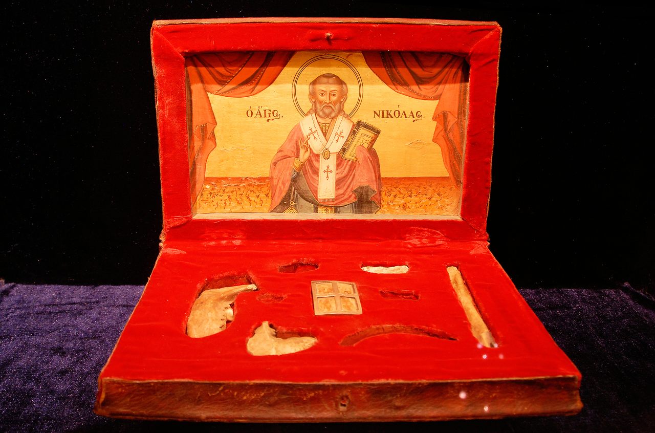 Relics of St. Nicholas in a small box displayed at Antalya Regional Museum, Konyaaltı, Turkey.