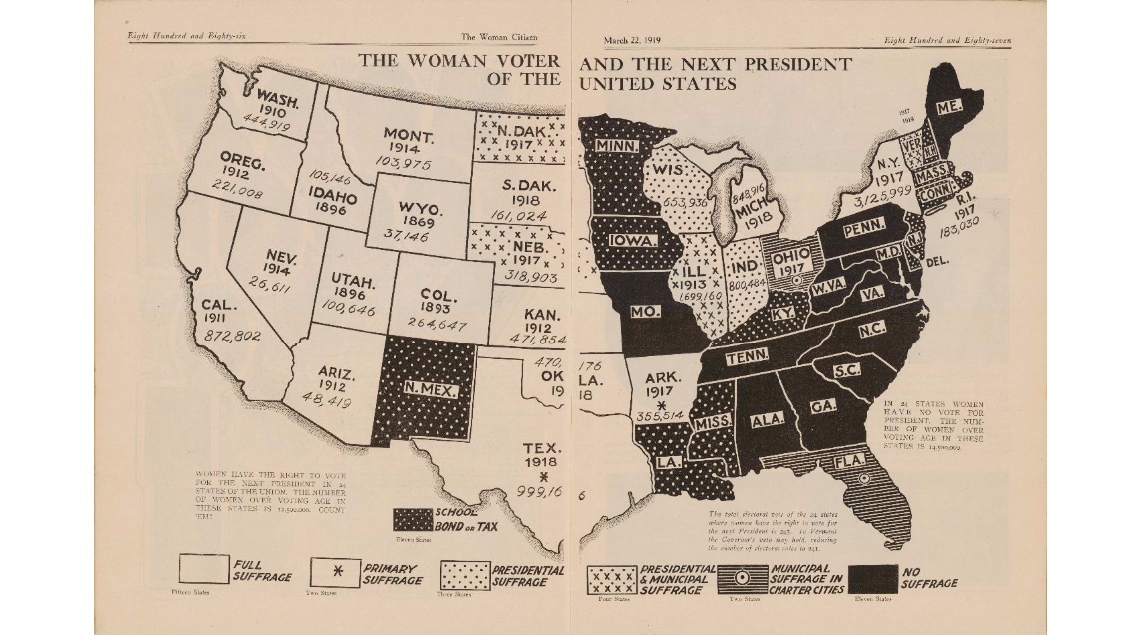 "The Woman Voter and The Next President," a 1919 suffrage map.