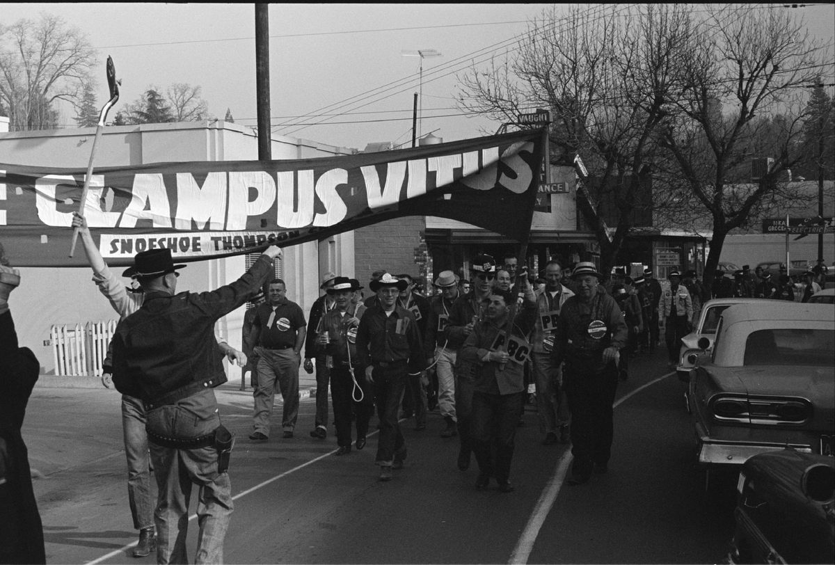 Membership in the Clampers, as they are known, flagged in the 1920s, but revived in the 1930s with a new commitment to preserving the history of the West. Here, Clampers parade through Coloma, California, in 1963.