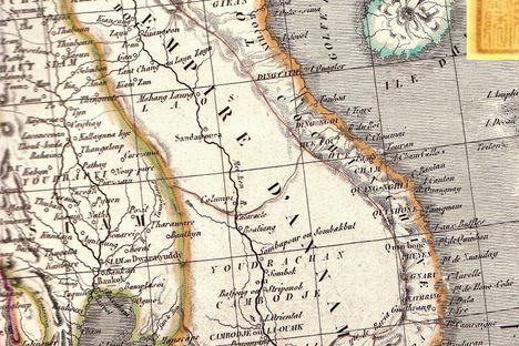 1829 map of former Indochina, Vietnam along the east coast of the peninsula. Inset is the 1821 seal of the Nguyen Dynasty.