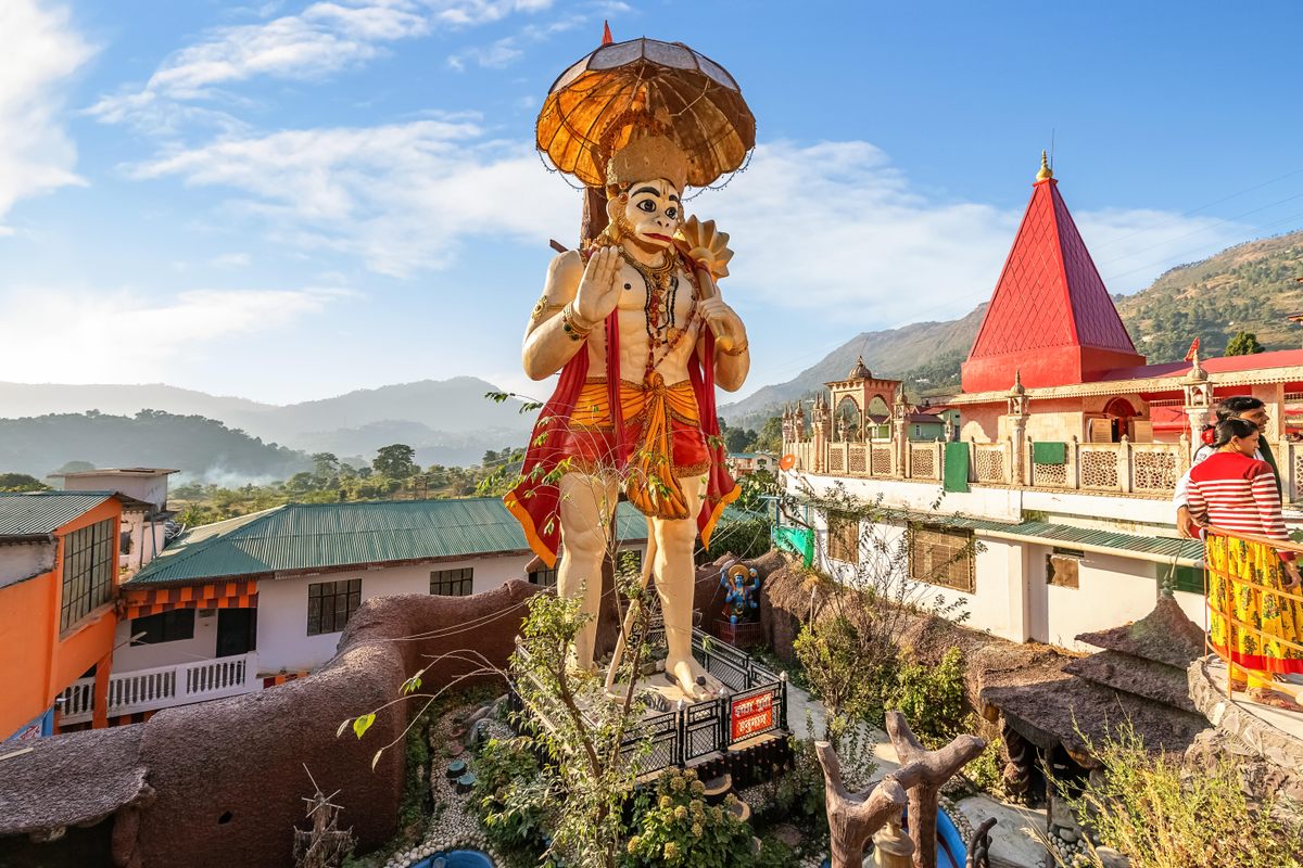 A giant statue of Lord Hanuman at the Hanuman Garhi Hindu Temple in Nainital, Uttarakhand.
