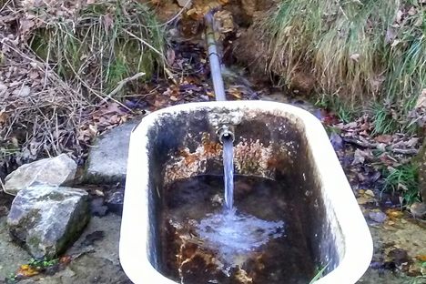 Drink cool natural spring water out of bath tub springs.