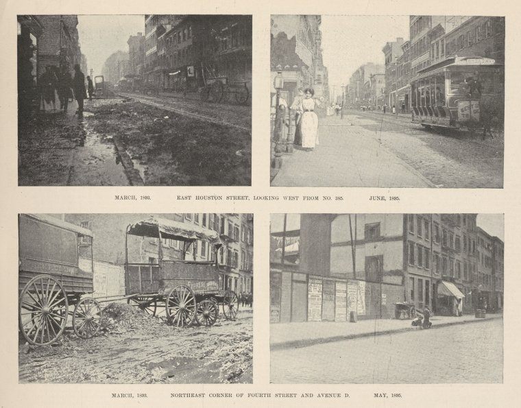 Before and after shots of East Houston Street showing the effectiveness of Waring's reforms of the sanitation department.