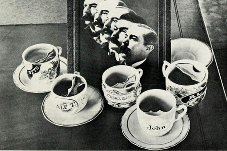 A photo of the Ringling Brothers and their mustache cups. 