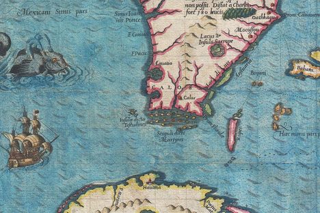 A late 16th-century map notes the territory of "Calos" near the southern tip of Florida, but the Calusa actually controlled most of the peninsula's southwest.