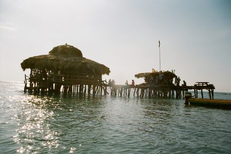 View of Floyd's Pelican Bar from an approaching boat.