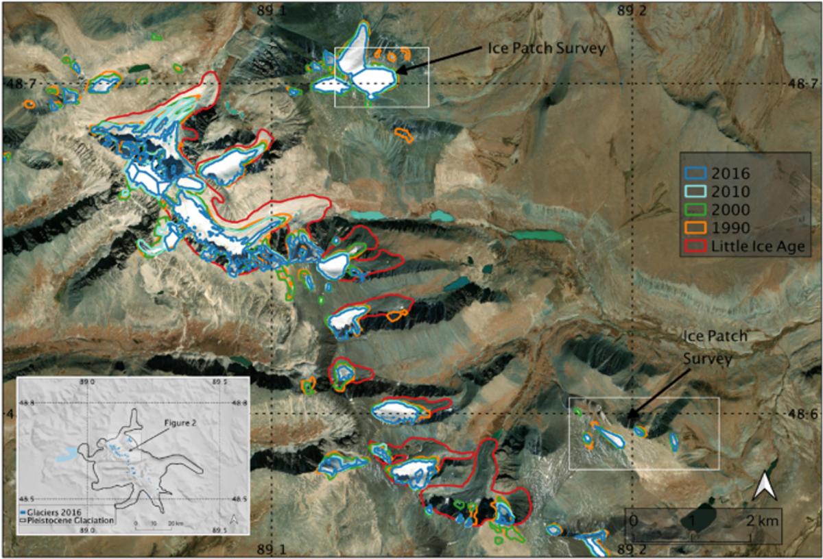 Satellite photos show the extent of glacier and ice melting in the author’s western Mongolia study zone over less than three decades.