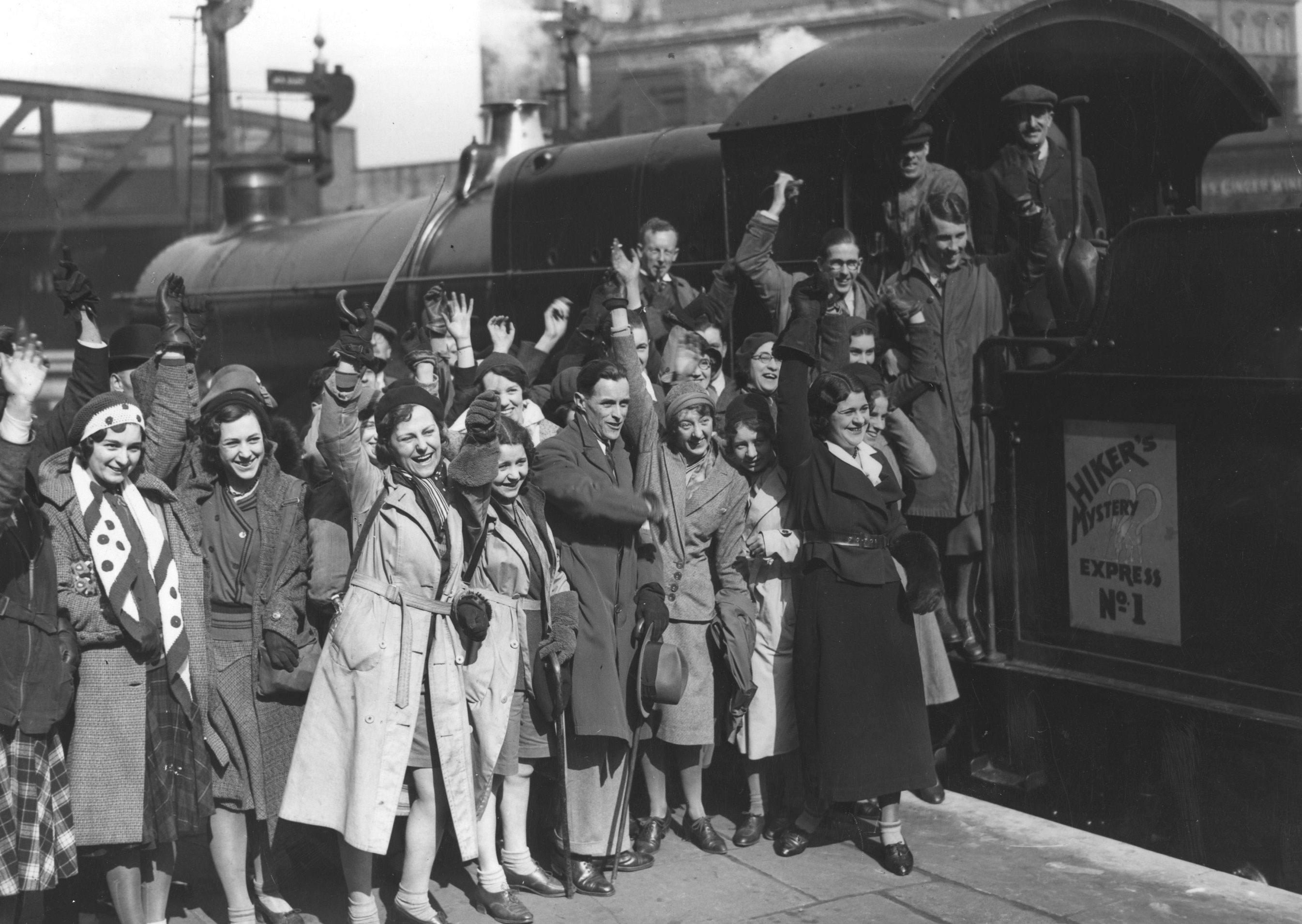 Hikers leaving from Paddington station on a 'Mystery Express' train, 1932.