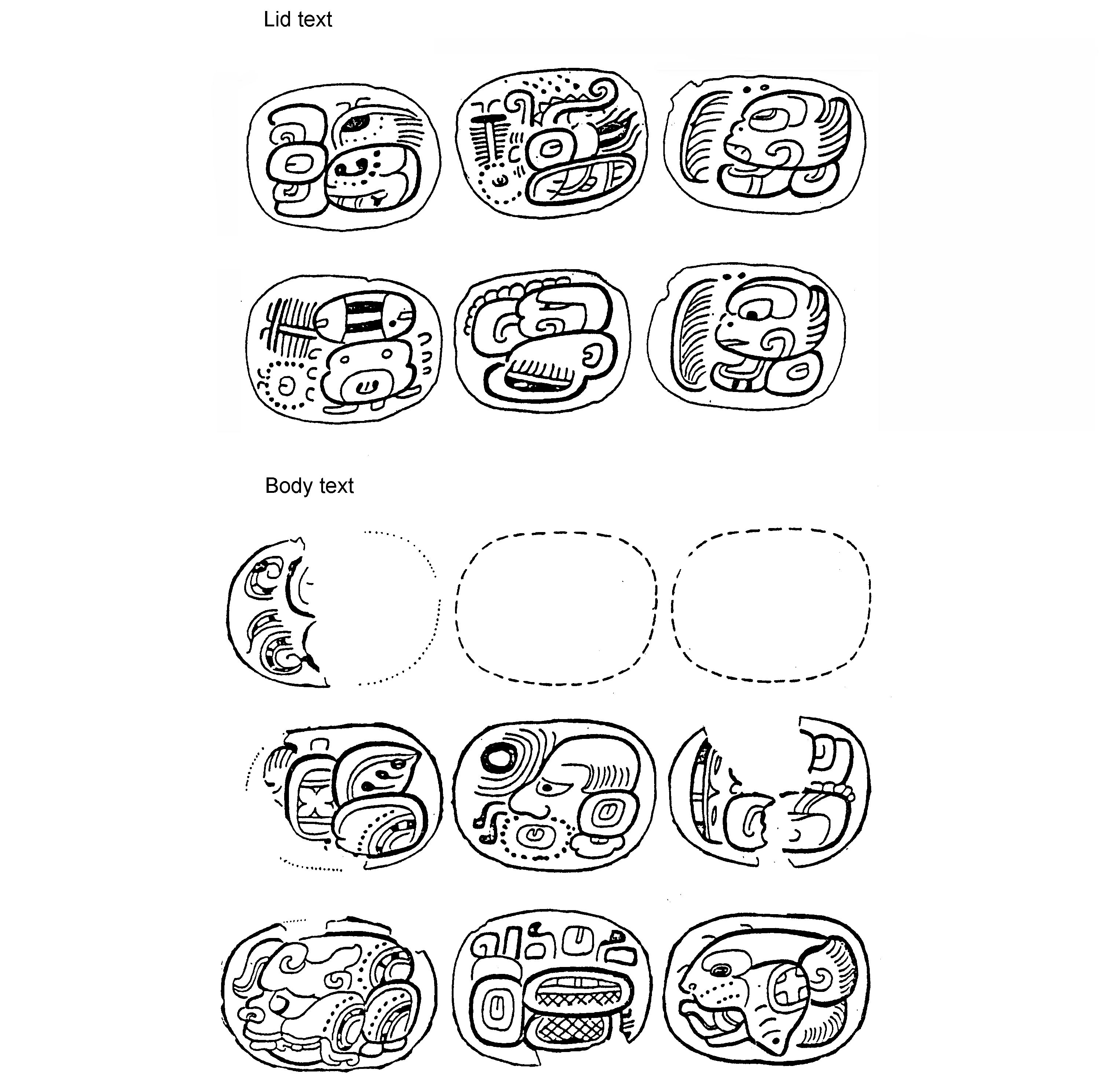 Of these glyphs on the vessel, drawn by Stuart, the top two on the right read <em>cacao</em>.