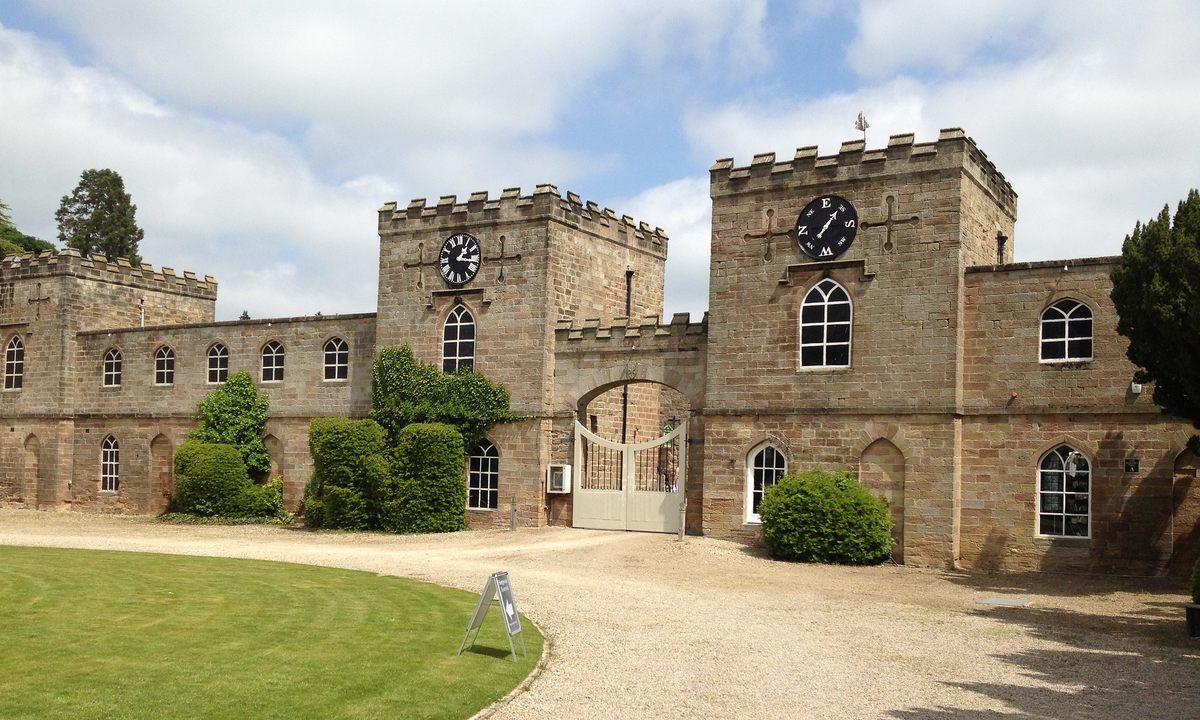 The gatehouse of Ripley Castle still bears signs of musket damage from the English Civil War.