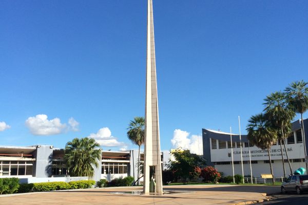 The marble monument marking the geographic center of South America. 