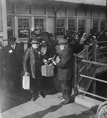  representative of the New York Bible Society distributing bibles and religious literature to the emigrants at Ellis Island, New York City