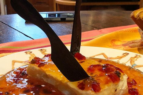 Jezebel sauce over cream cheese.