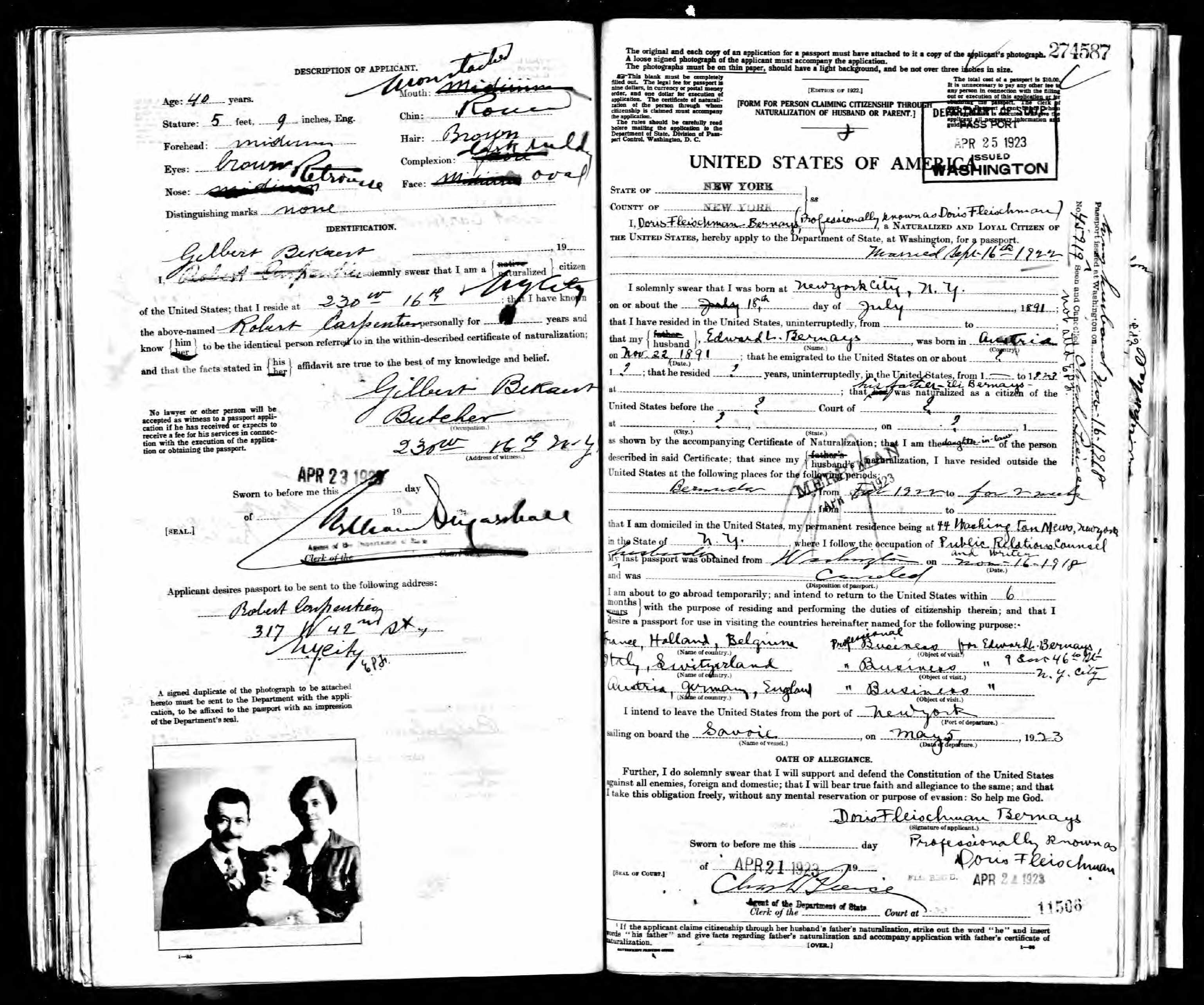Doris Fleischman's passport application, noted her to be "professionally known" by her maiden name. Her application, unlike Hale's, was accepted.