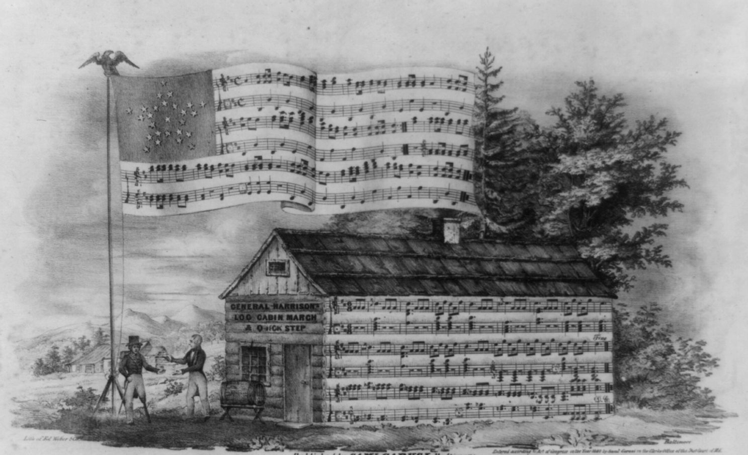 An illustrated campaign music sheet, showing Harrison, in front of a log cabin, greeting a veteran. 