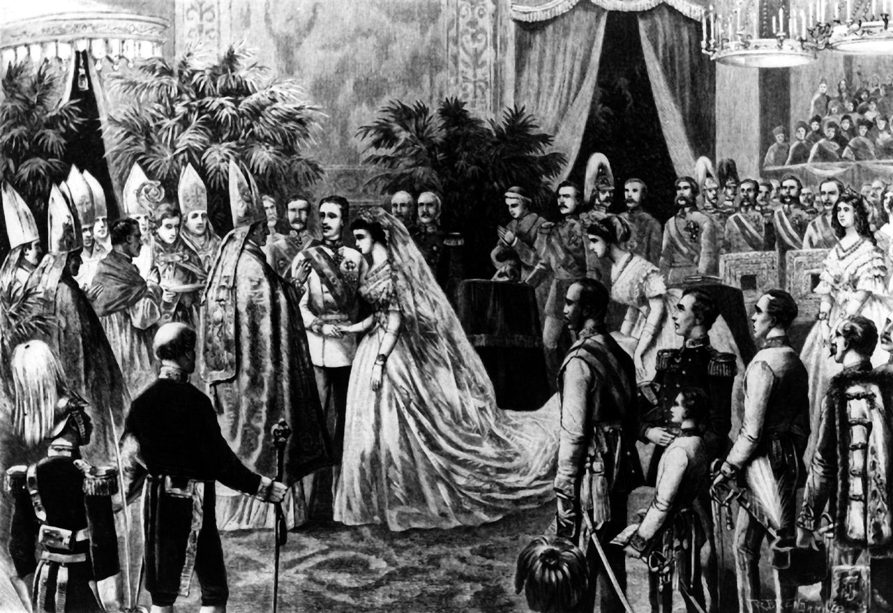 Artists could previously only guess what Empress Sisi's wedding dress might have looked like, as shown in a creative interpretation from 1854.