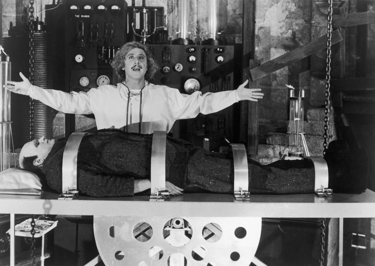 Wilder, with Peter Boyle on the slab, in <em>Young Frankenstein</em>.