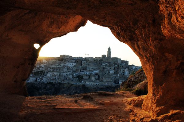 Looking out onto la Civita, the city center, from an ancient grotto in Sassi di Matera.