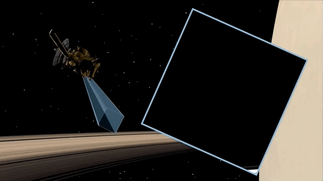An animation of Cassini passing by Saturn's rings, with actual footage in the inset.