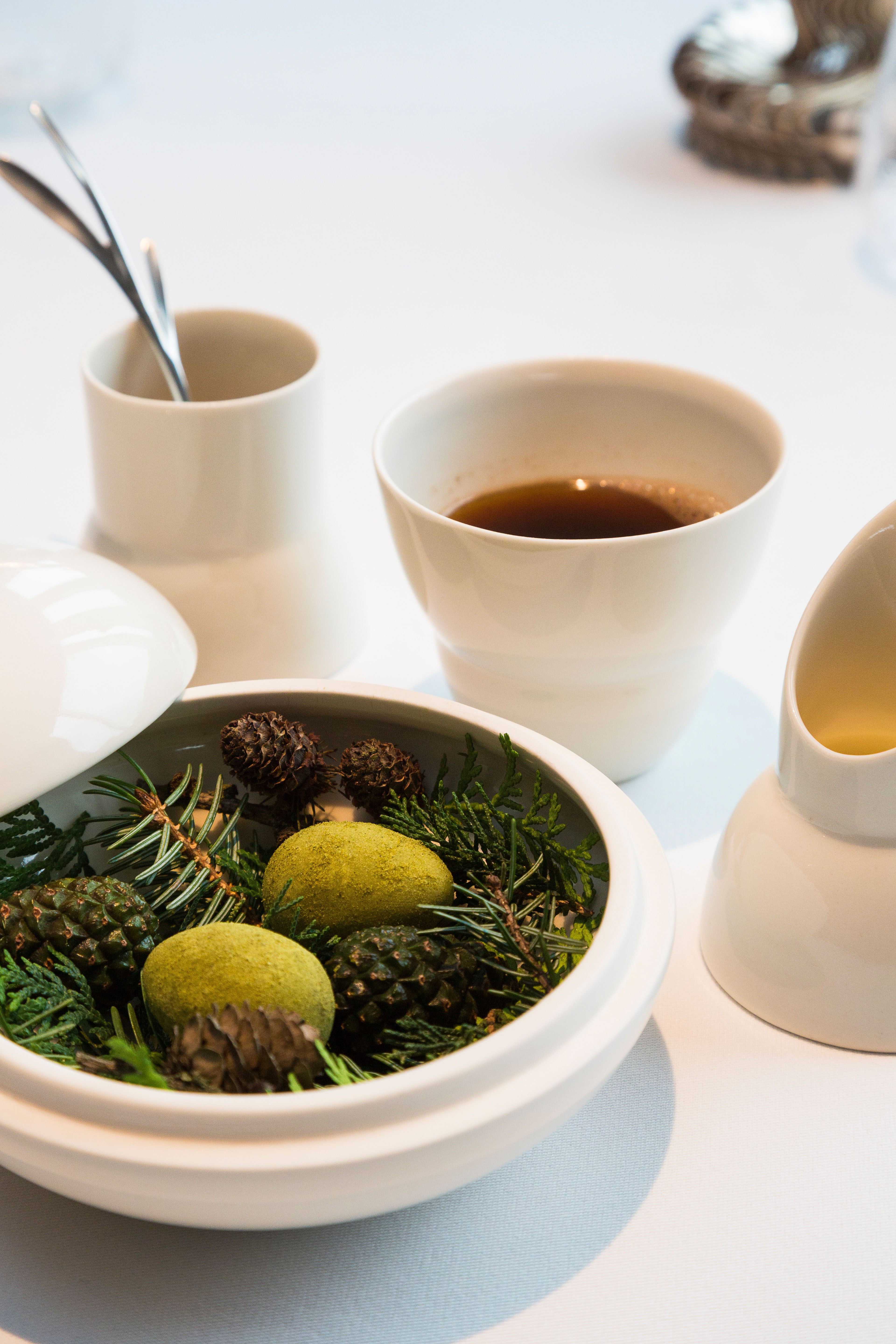 Green Egg and Carrot Leaf, a dessert at Geranium Restaurant, Copenhagen, includes pine-flavored chocolate eggs.