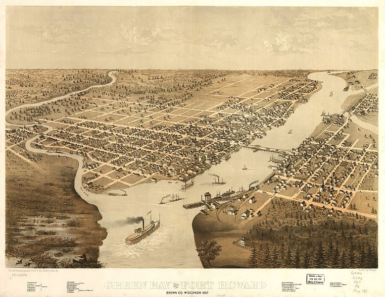 Bird's eye illustration of Green Bay, Wisconsin, USA. Circa 1867.
