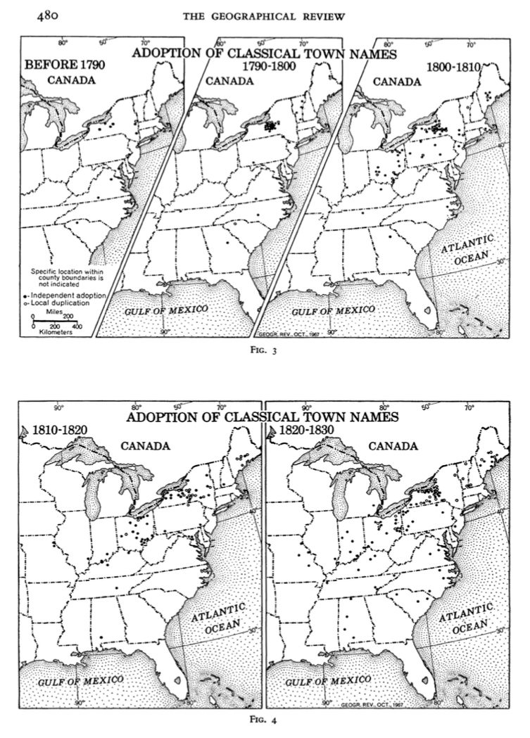 Prior to 1790, classical city names were rare in North America, but already concentrated in upstate New York (see top left).  The following decade would see an explosion in the Military Tract (top middle), which would continue into the next decade and already begin to expand into Pennsylvania and Ohio (top right).  Only classic city names would be adopted gradually and little beyond these three states, in the period up to 1830 (bottom). 