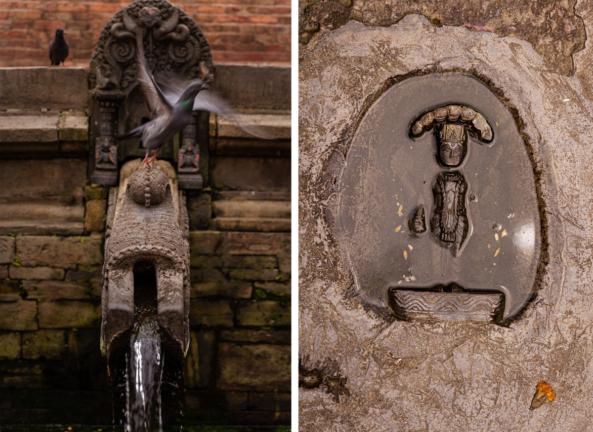 A water spout at the Manga Hiti (left); an unidentified carving of an ancient deity on the surface of the Maru Hiti. Located at the opposite southern terminus of the erstwhile primary trade route through Old Kathmandu, Maru Hiti stands as a testament to the enduring provision of crystal-clear, potable water from its intricate stone spout, day and night.