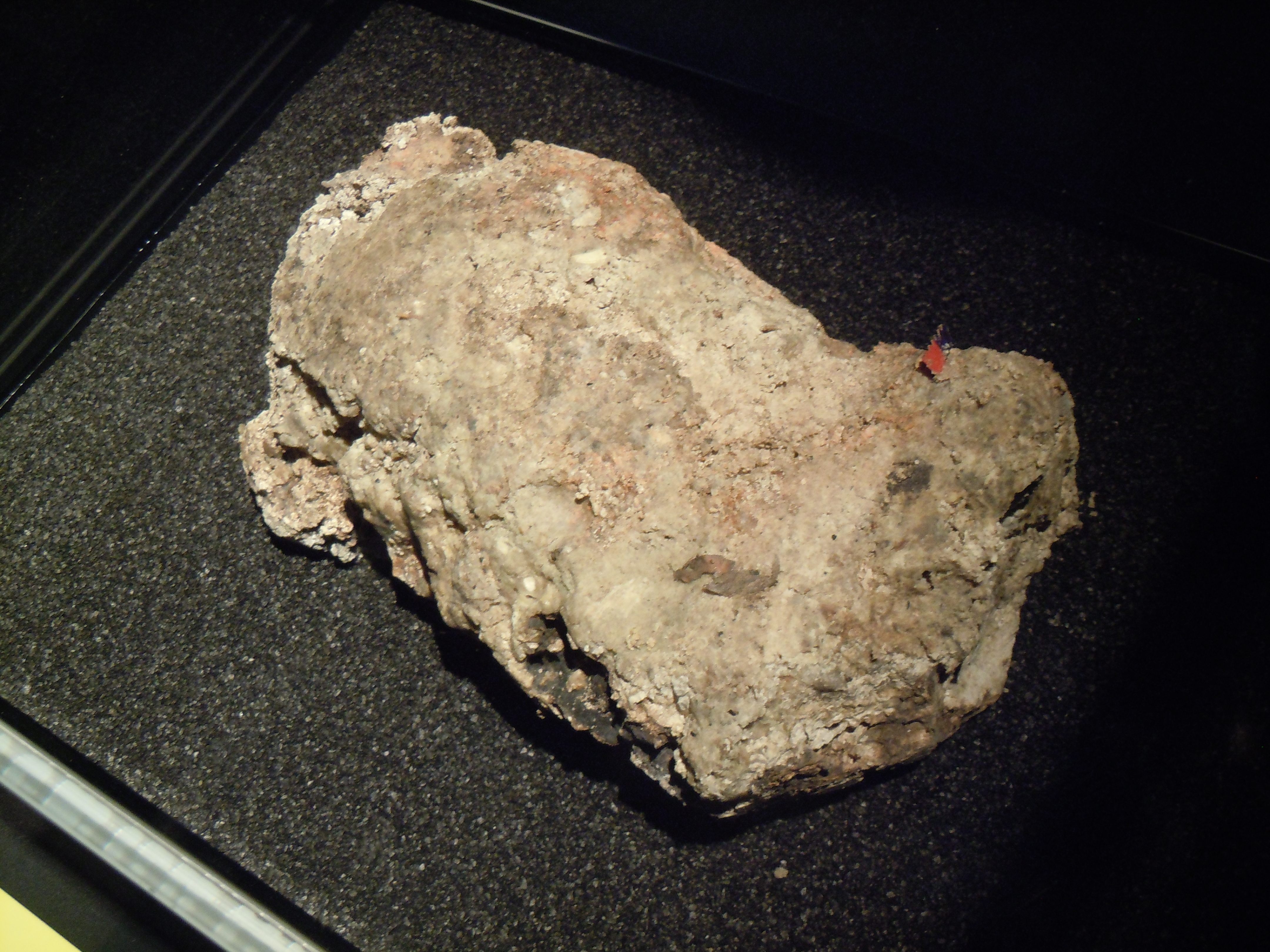 A chunk of a fatberg was on display at the Museum of London, still carrying some chunks of trash, like a perforated wrapper.