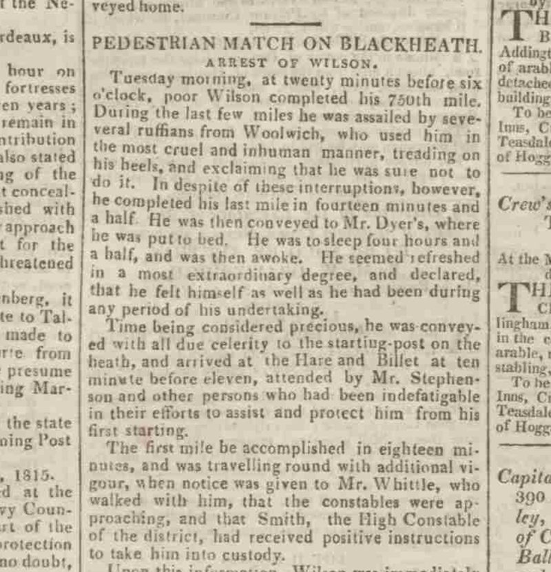 <em>Sussex Advertiser</em>, reporting on the "Pedestrian Match on Blackheath" and the arrest of "Poor Wilson", Monday 2 October, 1815.