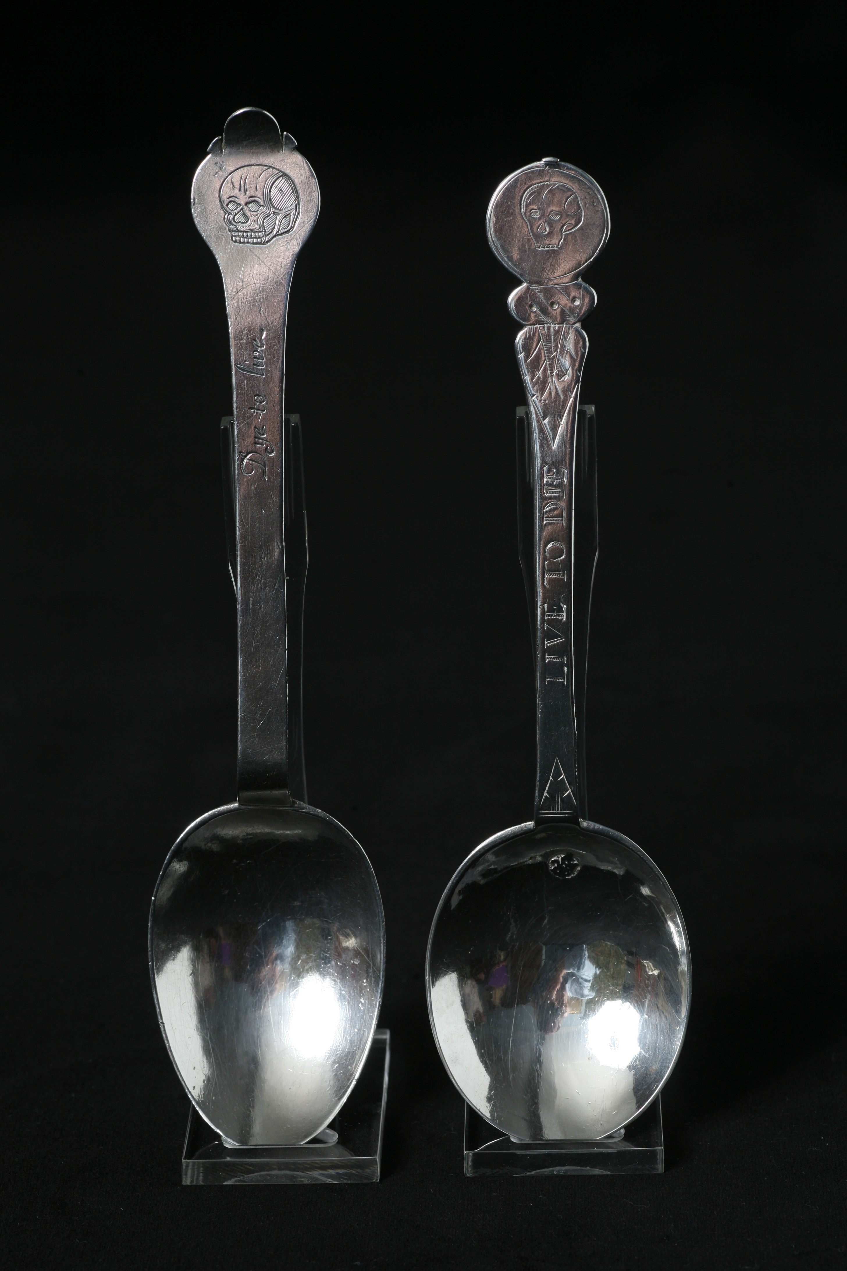 The Cromptons' spoon, on the left, and the Stricklands' spoon at the Merchant Adventurers' Hall.