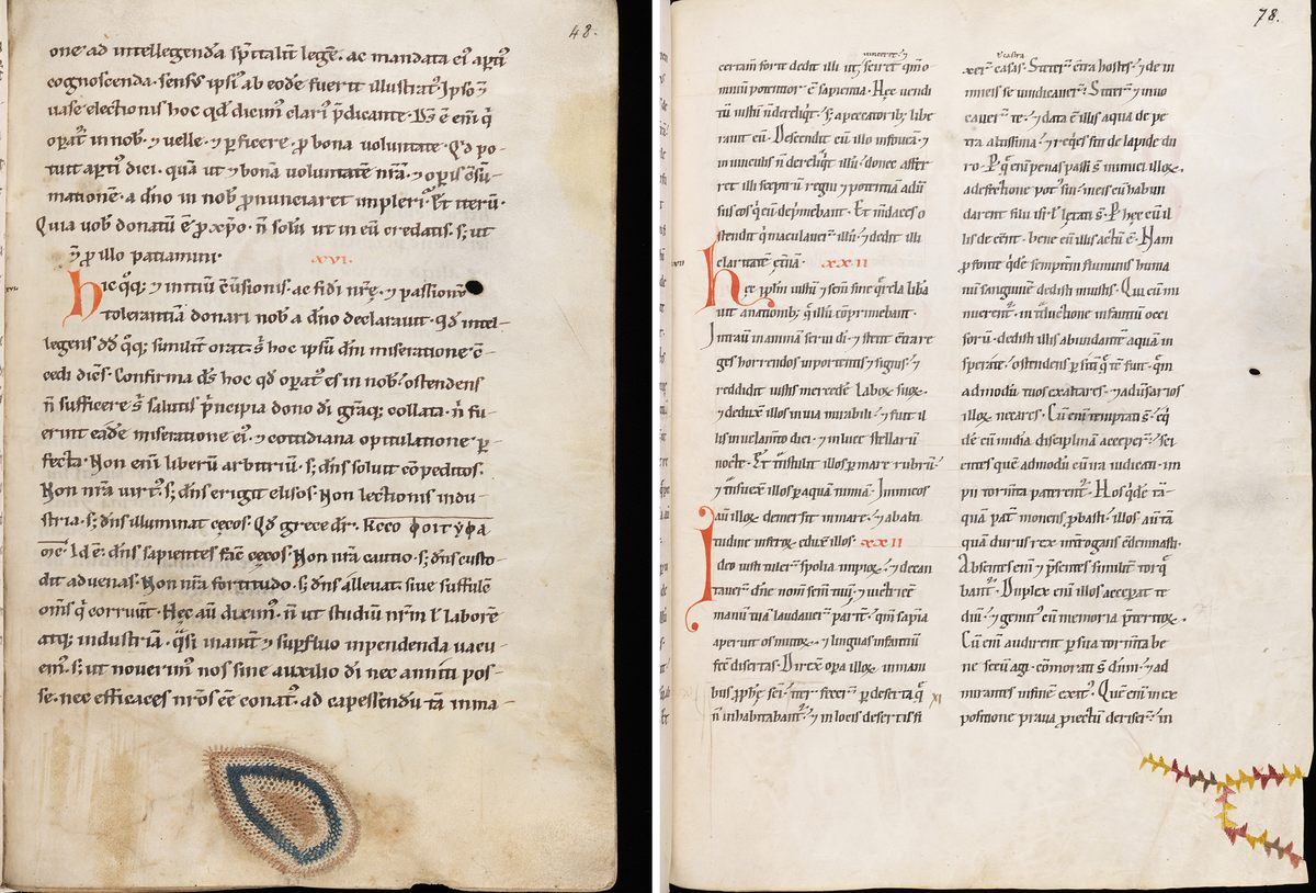 Two different repairs to 12th-century manuscripts: a circular stitch (left) and a patched-in square (right).