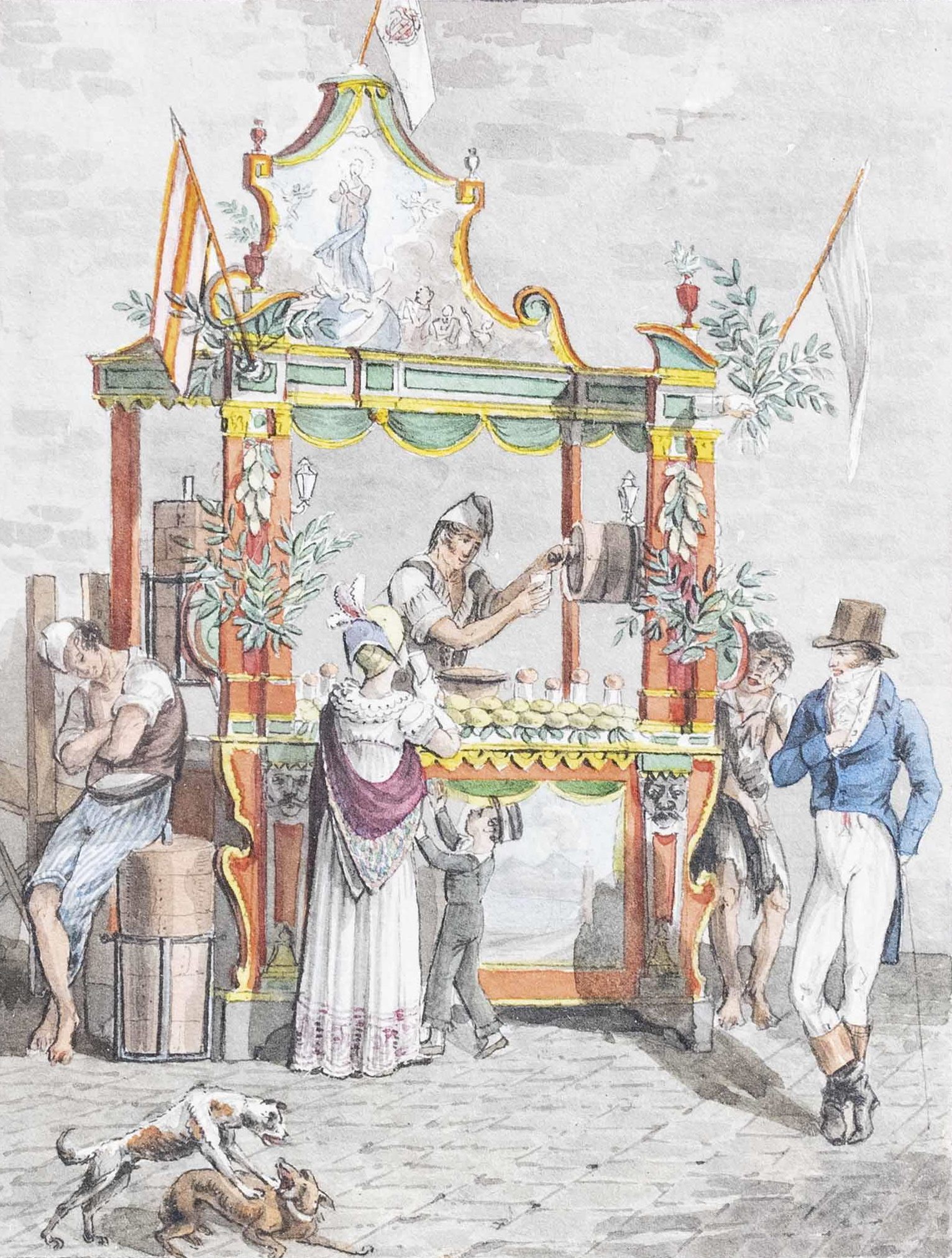 A lavishly decorated lemonade stand, perhaps in Rome.