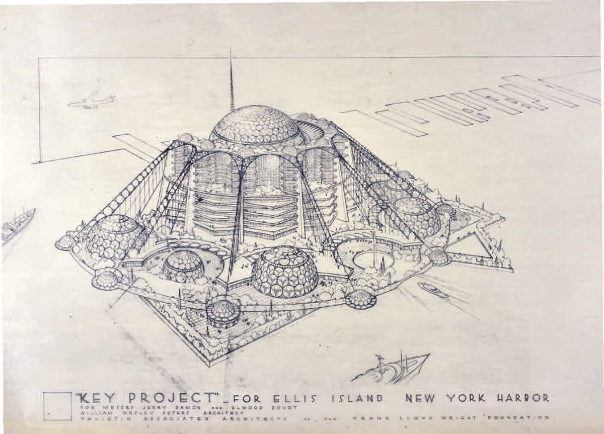 A sketch from Frank Lloyd Wright's 1959 "Key Project", a $93 million proposal for apartments and facilities - including a planetarium and yacht basin - on Ellis Island.