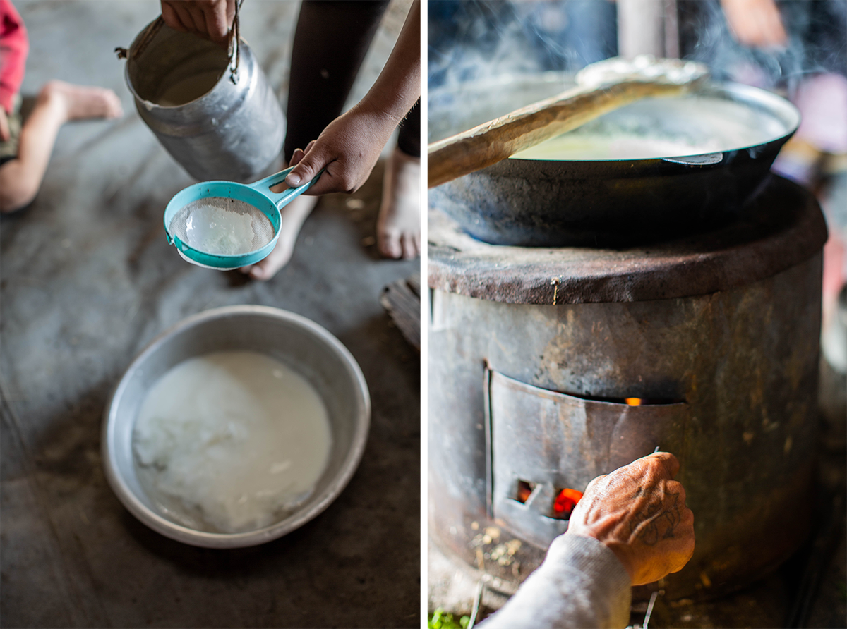 Otgontsetseg filtering the reindeer milk (left), and the wood-burning stoves used for cooking and heating (right).