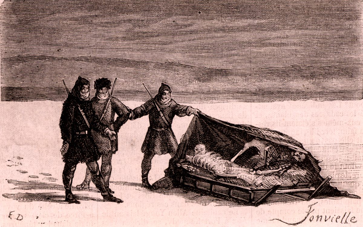 In this 1877 engraving, searchers uncover the remains of two sailors from the Franklin Expedition. 