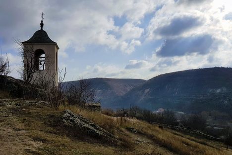 The entrance to the underground monastery is located under this tower
