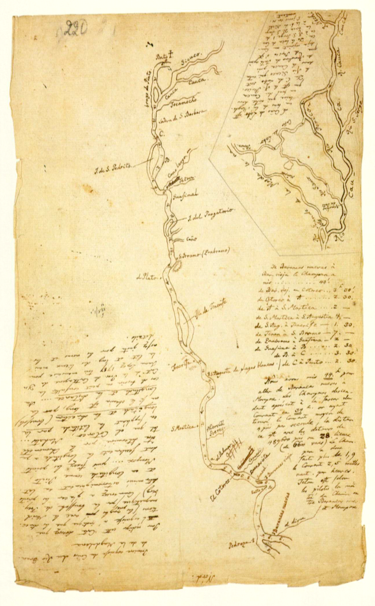 A map of the Rio Grande de Magdalena, in Colombia, from Humboldt's 1801 diary.