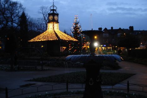 The clocktower decorated with the Christmas Lights