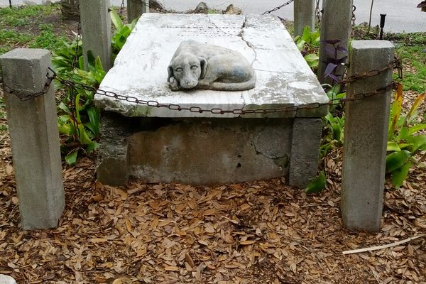 The grave, with the dog statue, which has since been removed.