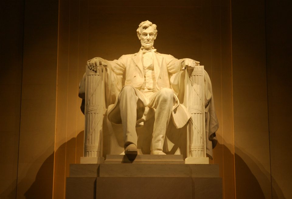 The statue of Abe inside the Lincoln Memorial.