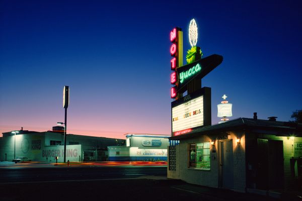 Some motels, like this one with a big yucca plant on its sign, referenced desert sights.