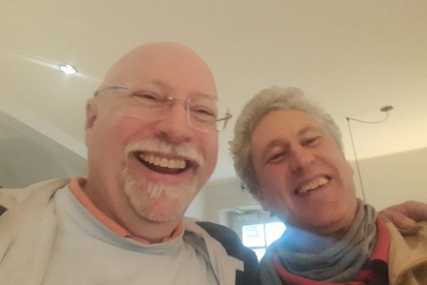 Brian & Robert in Salzburg Coffee House 35 years later.