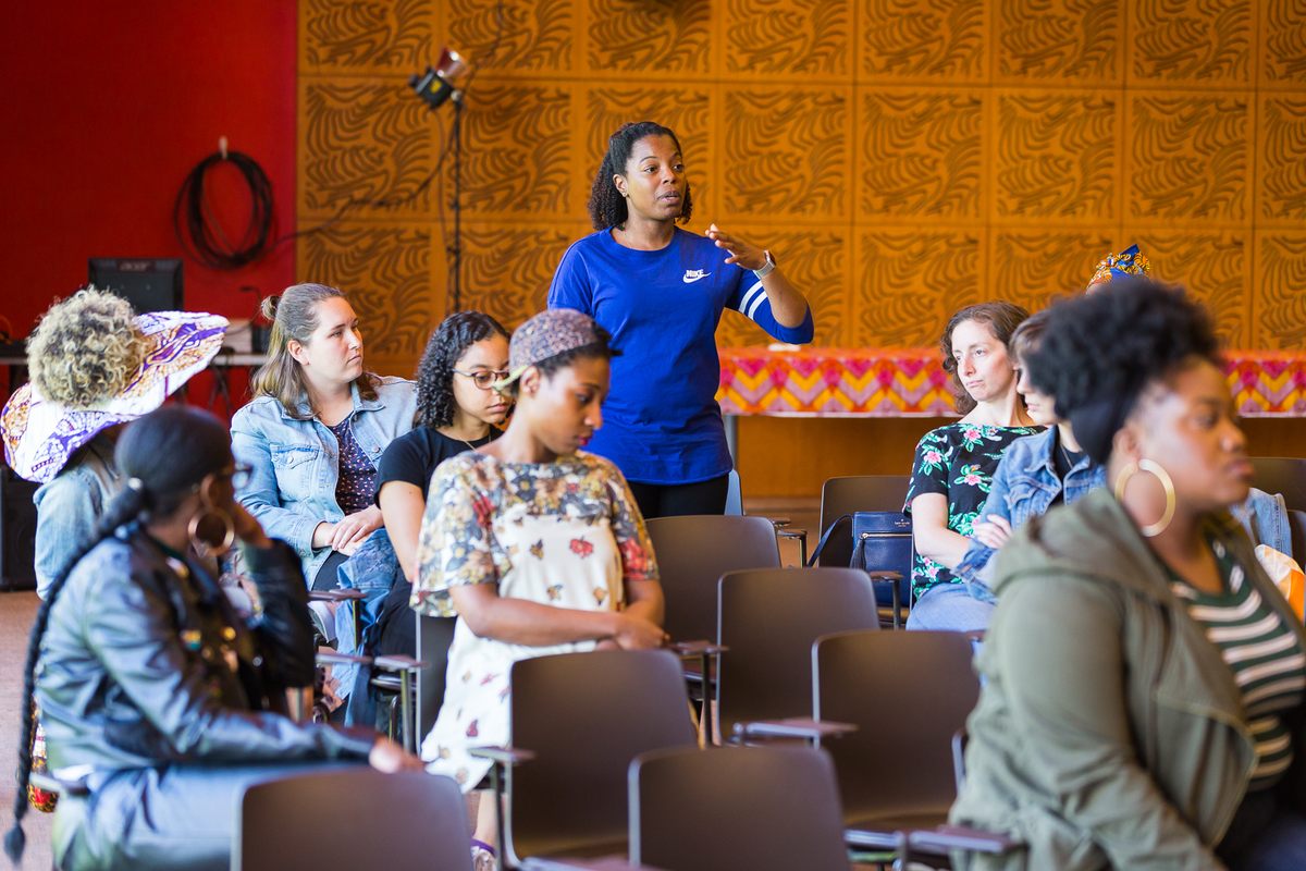 A community member speaks at "A Conversation on Food and Place."