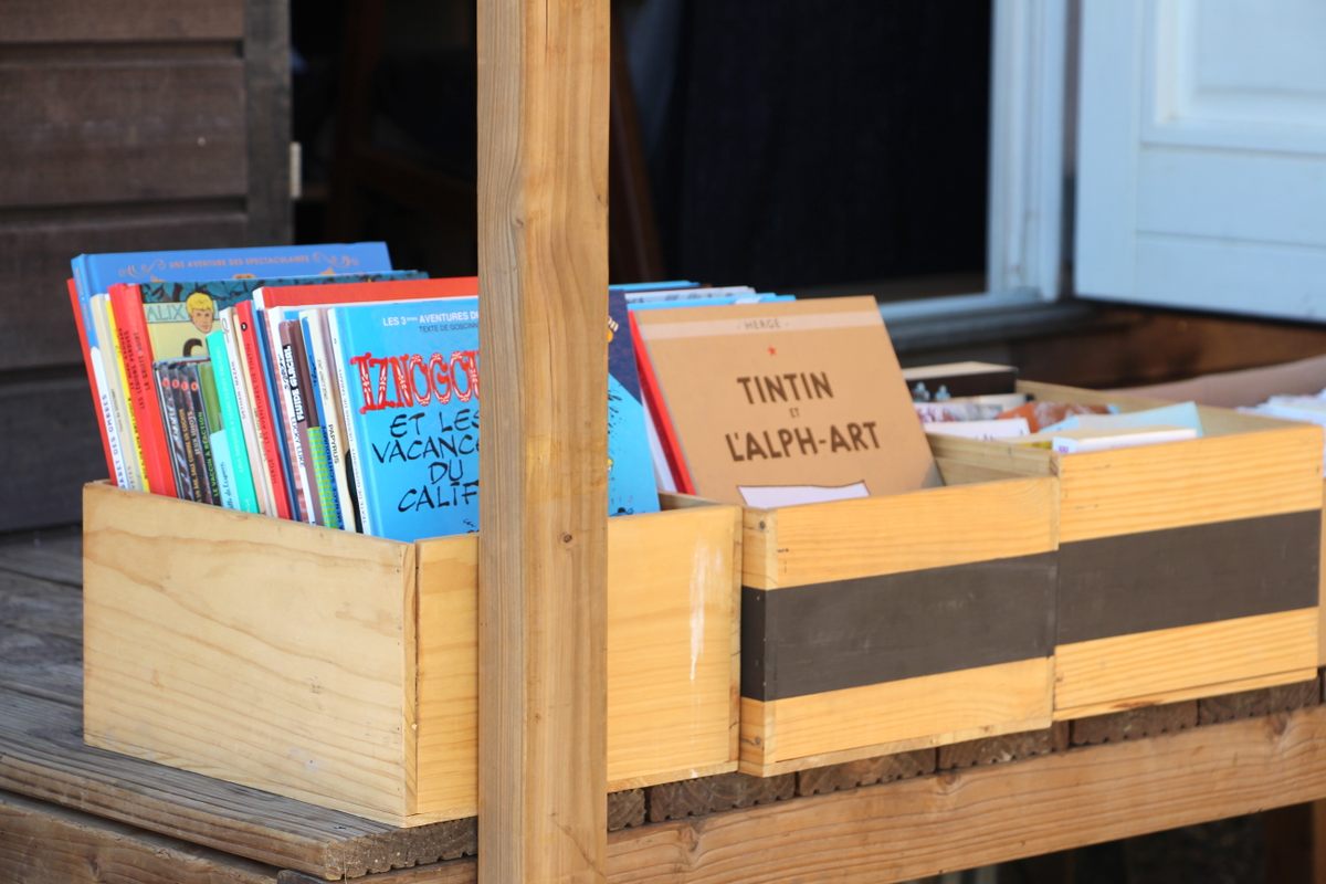 Children's books are popular items—sometimes just for browsing.