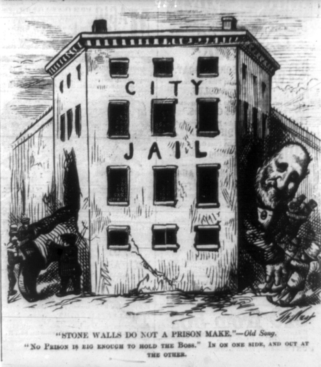 A Thomas Nast cartoon of Boss Tweed escaping jail.